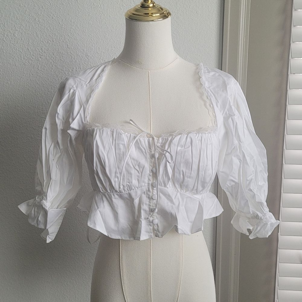 For Love And Lemons Carey Crop Poplin Top Women's Medium White Cottagecore